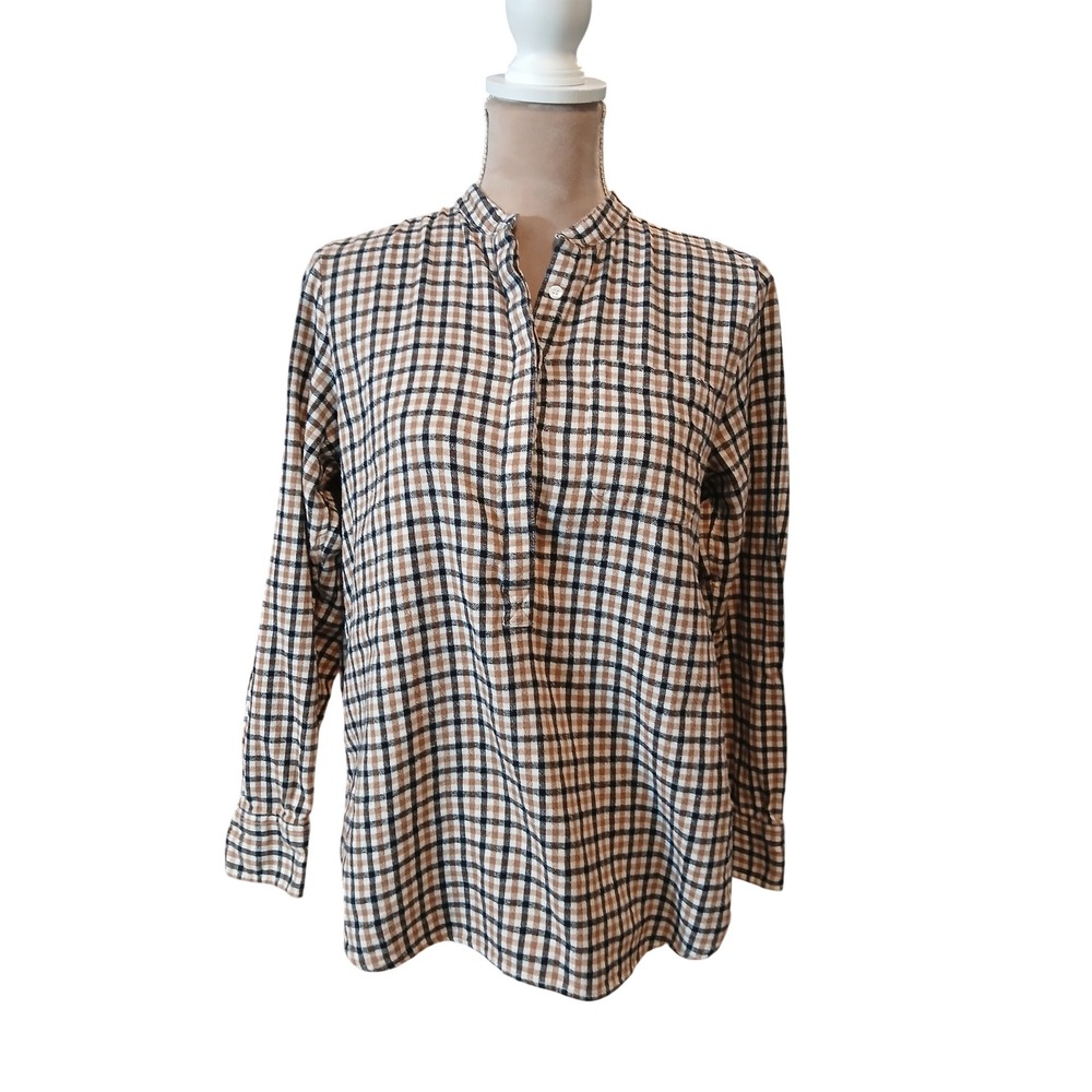 Lands End Womens Plaid Flannel Henley Shirt Top Small Brown Black Fall